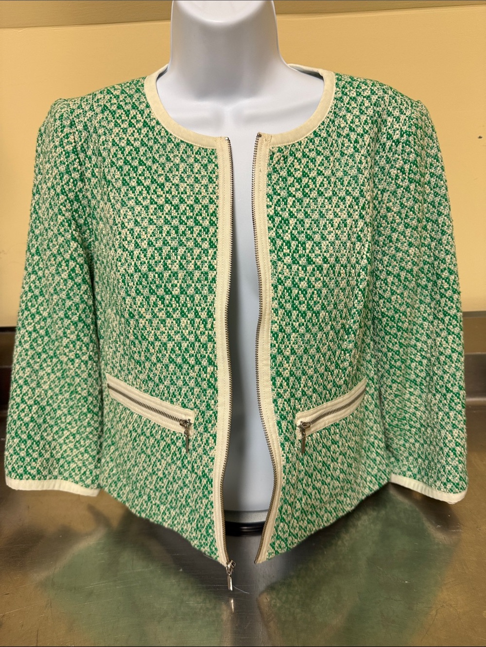 CAbi Green and Cream Tweed Zip Jacket